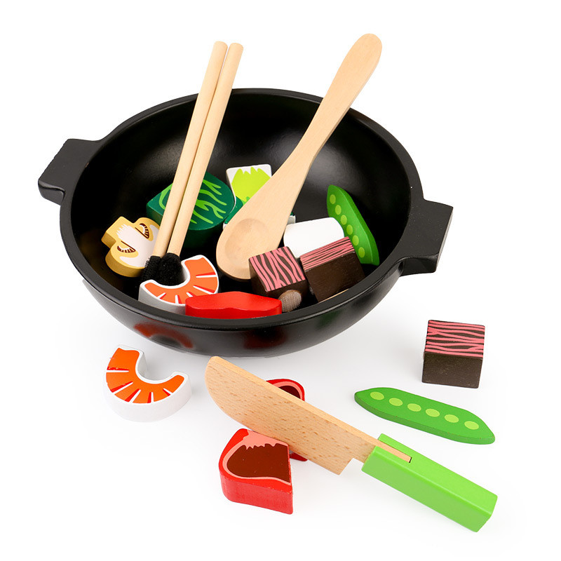 Vegetable Hot Pot Wok Wooden Miniature Kitchen Set Children'S Educational for sale