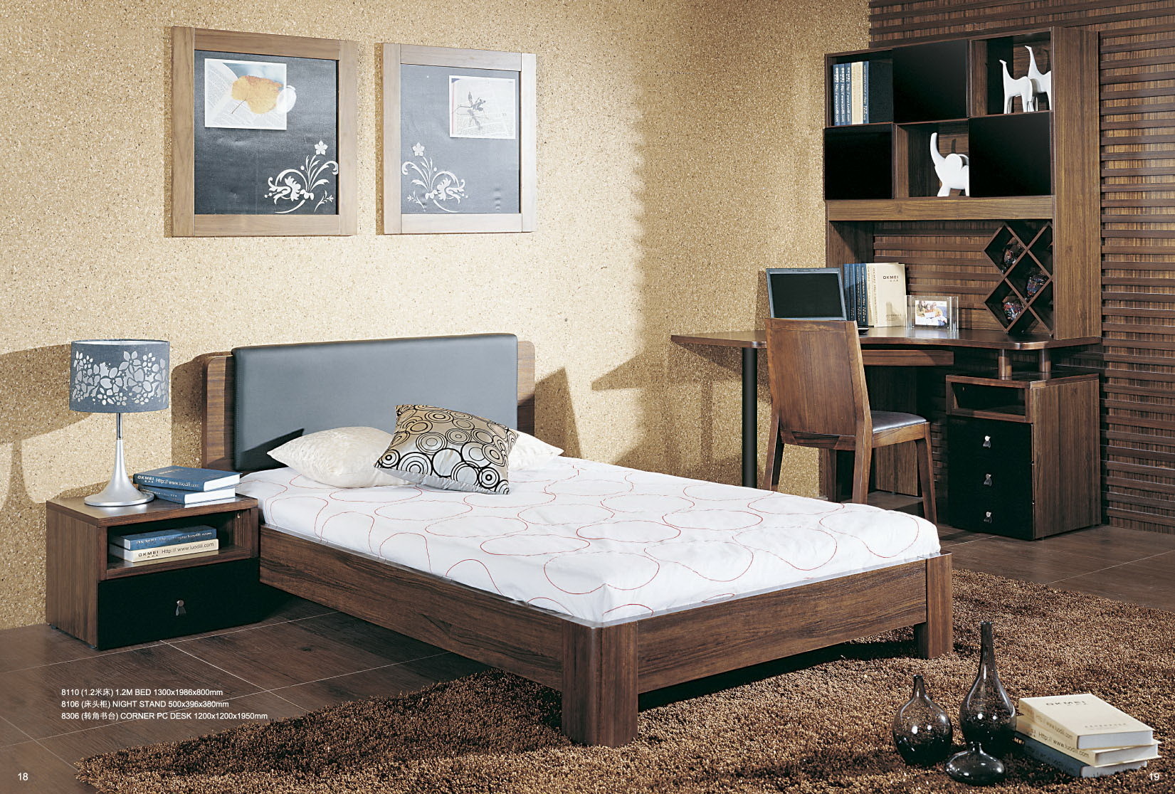 China Walnut wooden Adult Single Bedroom Furniture Leather headboard Bed with Home Studyroom MDF Corner Table with Bookshelves wholesale