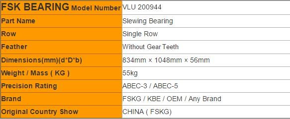 China Light Type VLU 200944 Four Point Contact Slewing Bearing 834mm × 1048mm × 56mm wholesale