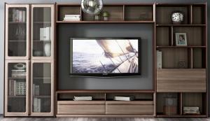 China 2017 New Walnut Wood Furniture Design Living room Combined TV Wall Units by Tall Cabinets and Floor stand & Hang Racks wholesale