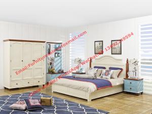 China Vaulted chapel Mediterranean design bedroom furniture suite in matt white painting and Blue Nightstand with drawers wholesale