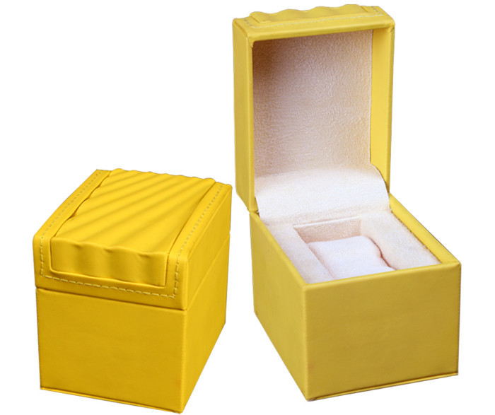 Yellow Leather Leather Watch Box Screen Printing Surface Finish For Gift Packaging for sale
