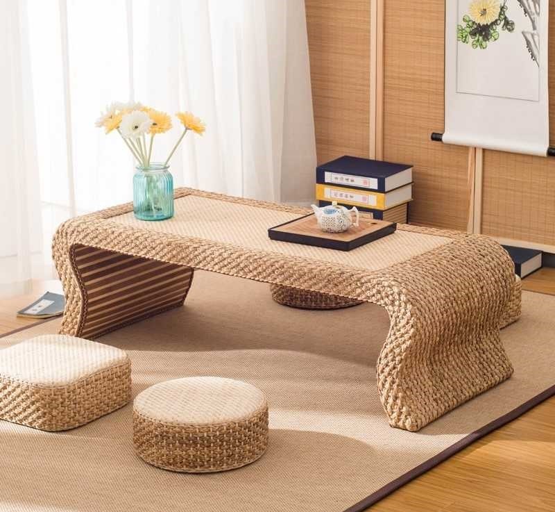 China The Cane Makes Up Tea Table Natural Straw Woven Floor Table Natural fiber Window Table wholesale