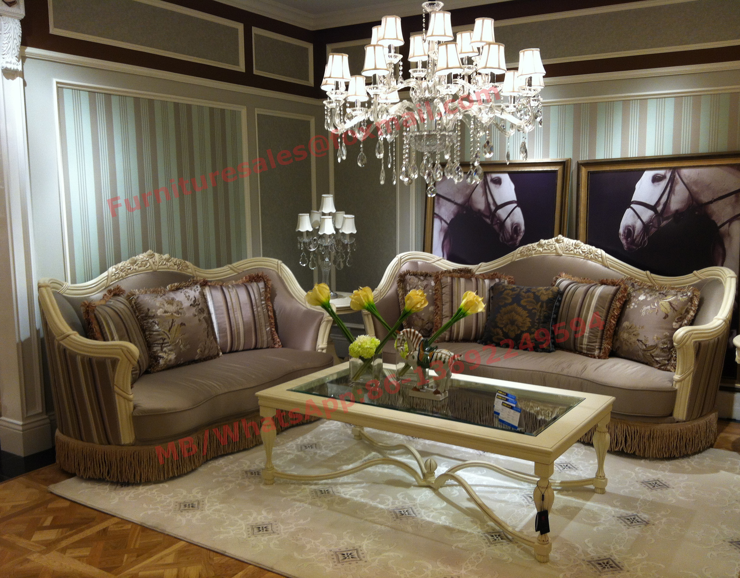 China Luxury Design and Romantic Sofa set made by Wooden Carving Frame with Fabric Upholstery wholesale