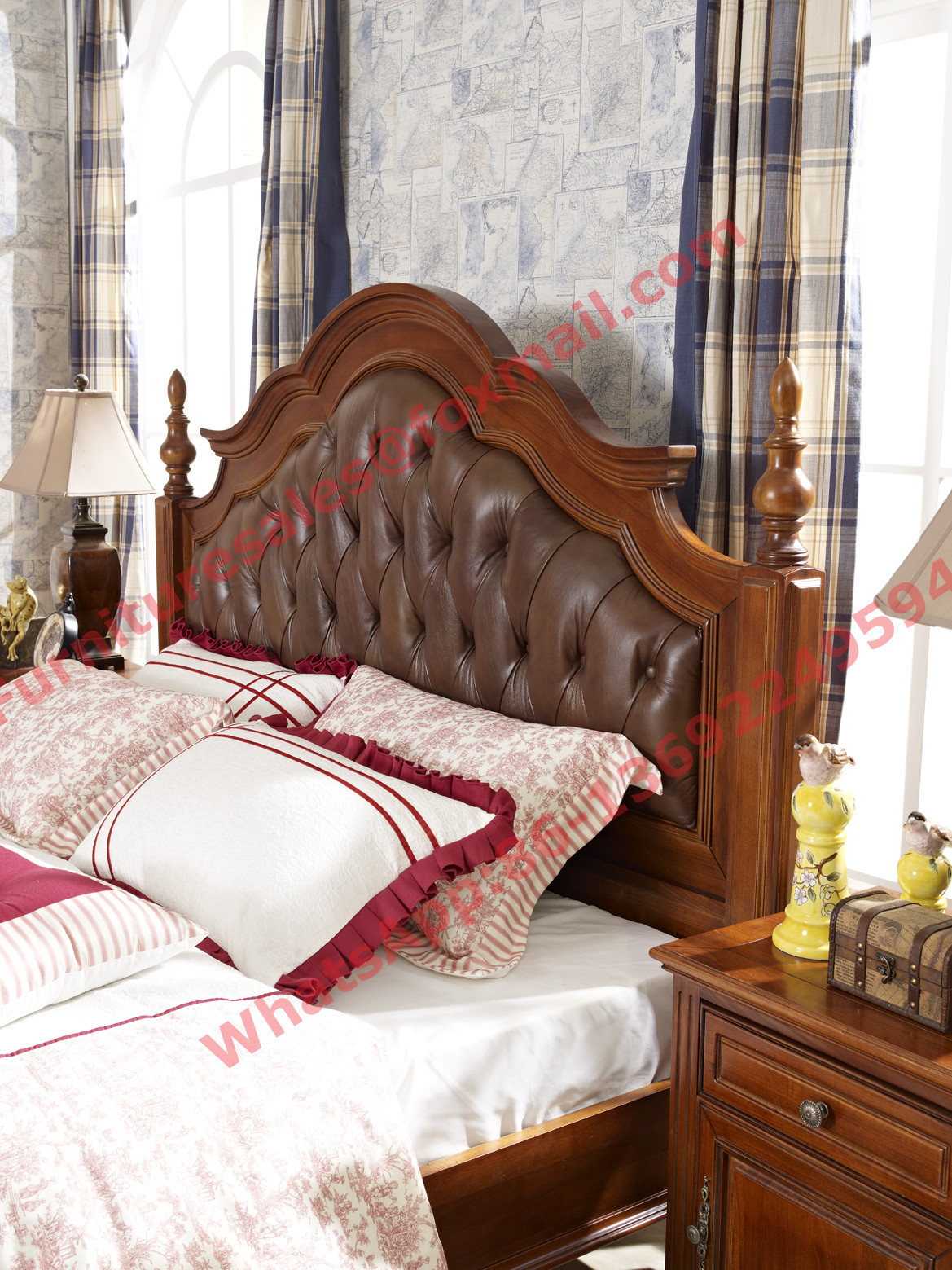 China Leather Upholstery Headboard with Wooden Carving Frame in Bedroom Furniture sets wholesale
