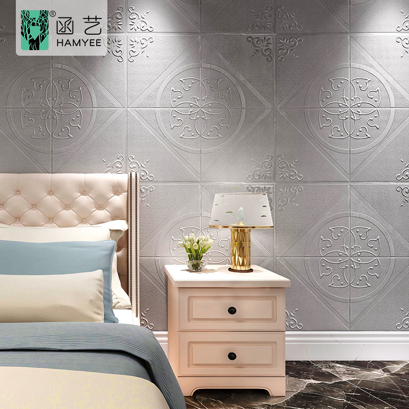 China Self Adhesive 3D PE Foam Wallpaper Silver Waterproof Wall Panels For Bathroom wholesale