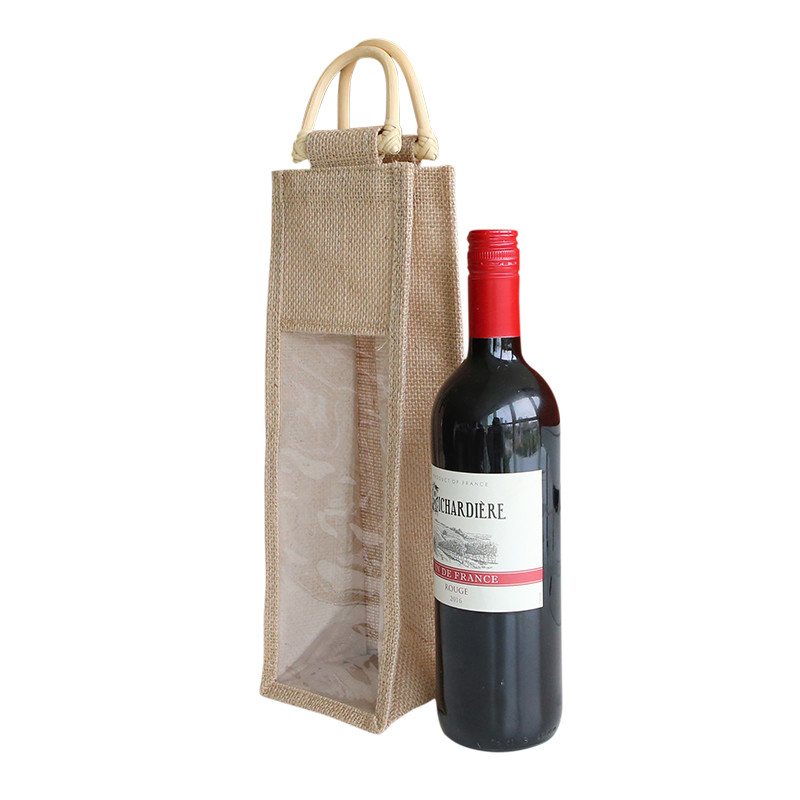 Quality One Bottles Wine Burlap Tote Bag Recyclable Beer Festival With PVC Window for sale