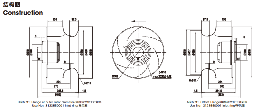 1359rpm Backward External Centrifugal Fan Voltage Controllable