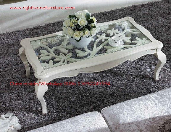 China Neoclassical style Coffee table in smart flower craft with tempered glass top and Teatable set with wood drawers wholesale
