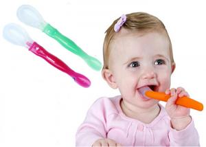 China Lovely Food Grade Silicone Baby Spoon With Plastic Handle Protect Baby Tooth on sale