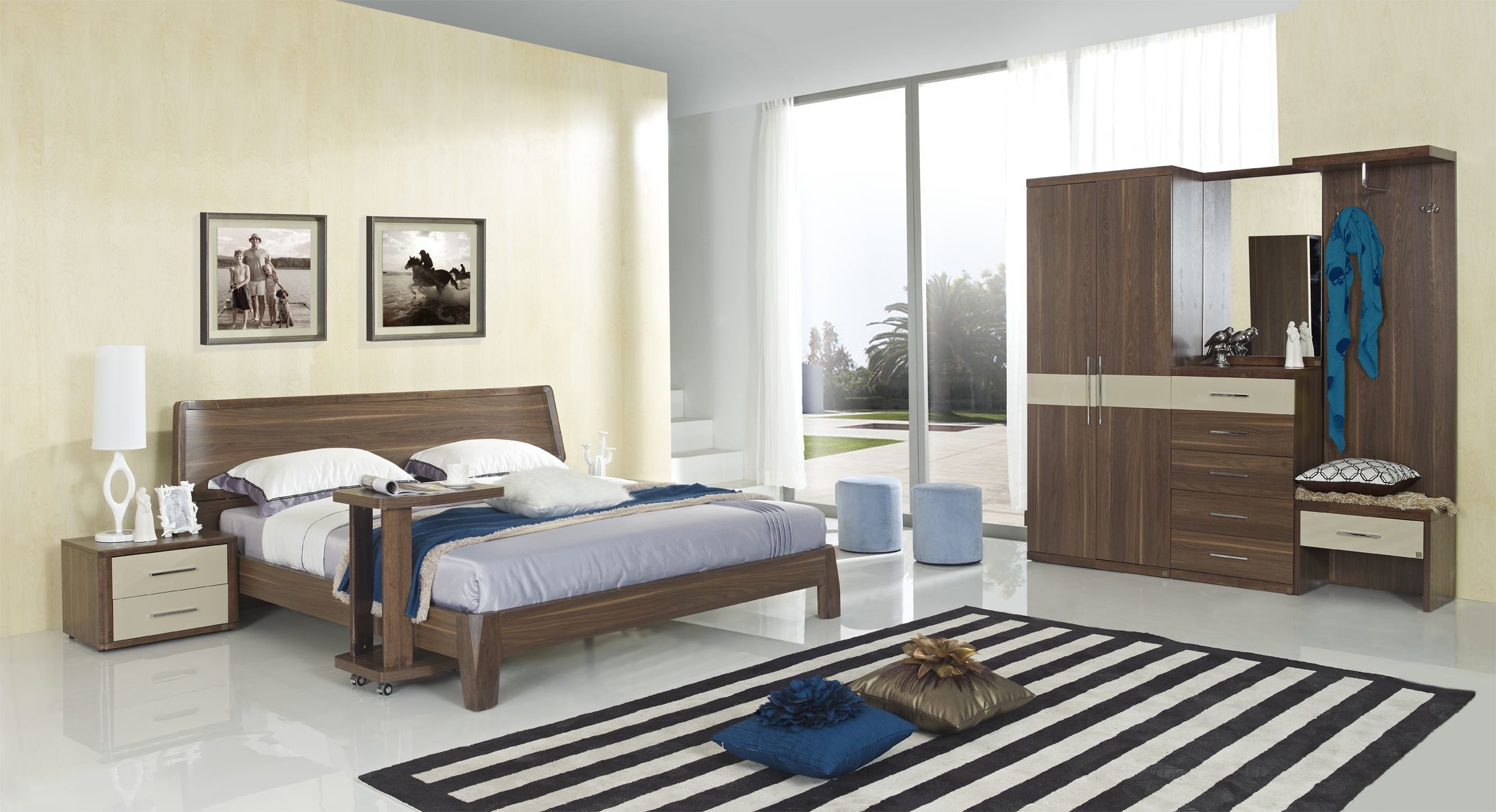 China Walnut wood home bedroom furniture sets by curved headboard bed and full mirror stand wholesale