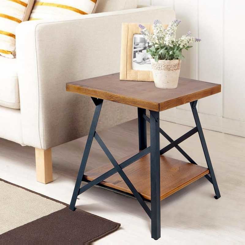 Solid Wood Top 23.2''H Modern Industrial End Table 23lb Metal Base for sale