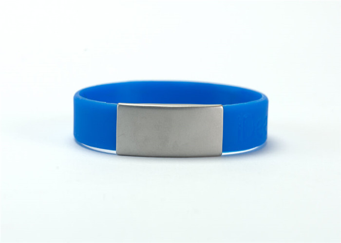 China Latex Free Custom Silicone Bracelets / Slim ID Bracelets With Blank Metal Tag wholesale