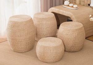 China Natural Straw Household Storage Stool Grass Woven Ottoman Box Eco-Friendly Hand-Woven Grass Rattan Stools Seat Pad wholesale