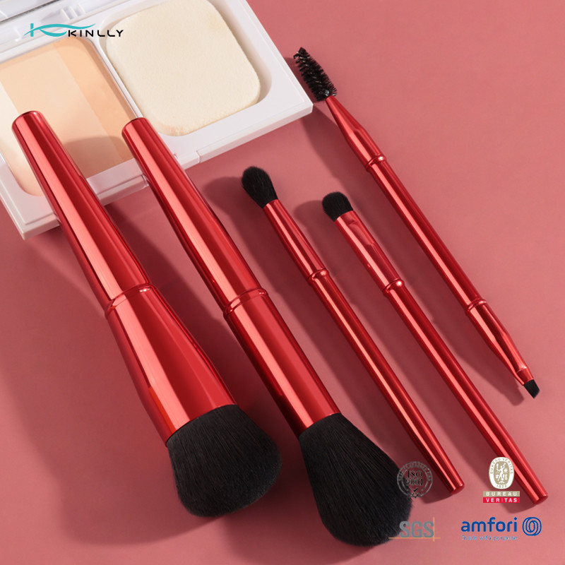 China 5PCS Dard Red Metal Handle Synthetic Hair Makeup Brushes Set Custom Logo Makeup Brush on sale