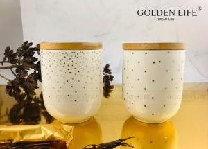 China Fine Bone China 350cc Mug without Hand With Spot Real Gold Design Canister With Bamboo Lids wholesale