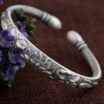 Women Engraved Water Lily Buddhist Sutras Sterling Silver Cuff Bracelet
