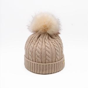 China Embroidery Unisex Knit Beanie Hats In White Chunky Cable Knit Pompom Soft Warm Hat wholesale
