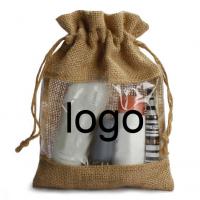 China Logo Customized Burlap Favor Bags Drawstring Christmas Bag With Clear Window for sale