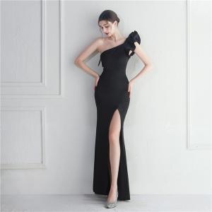 China Black Slim Evening Dress Irregular Ruffled Edge Sexy Floor Length Dress With Hip Bag wholesale