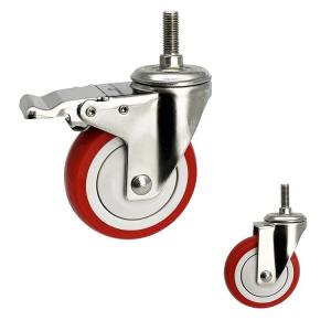 China Customize Stainless Castor Wheels 4 Soft Red Wheel Medium Duty PU Threaded Stem Total Lock Casters wholesale