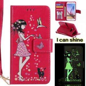 China Samsung Luminous 3D Girl pattern leather Case with Cash Slots Stand Wristlet Strap on sale