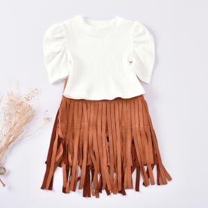 China 50cm Baby White Suit With Round Neck Roddler Girl Brown Fringe Skirt wholesale