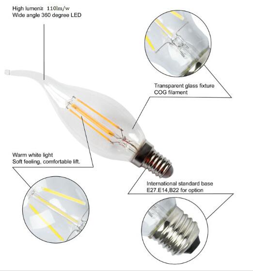 Edision COB lamp LED Filament Bulb Candle Light E27 E14 End Cap Glass cover