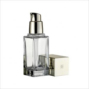 China 20ml 30ml Square Cosmetic Glass Bottle Gold Pump Cap Empty Glass Foundation Bottle on sale