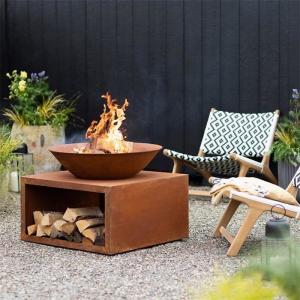China Outdoor Garden Modern Rusty Corten Steel Fire Bowl With Log Storage wholesale